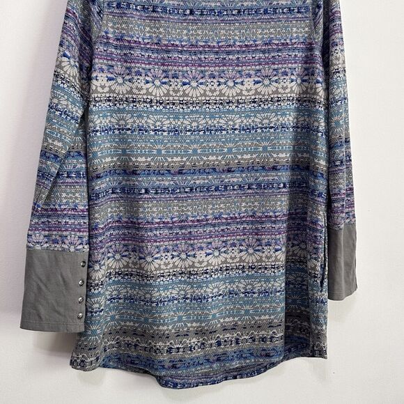 J Jill Fair Isle Long Sleeve Tunic Top XS Pockets Thermal Waffle Knit Blue Gray - Picture 10 of 12